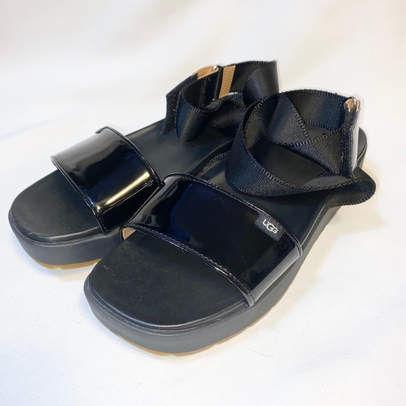 UGG Black Patent Leather Platform Slingback Sandals Womens 10 Retro - Picture 2 of 9